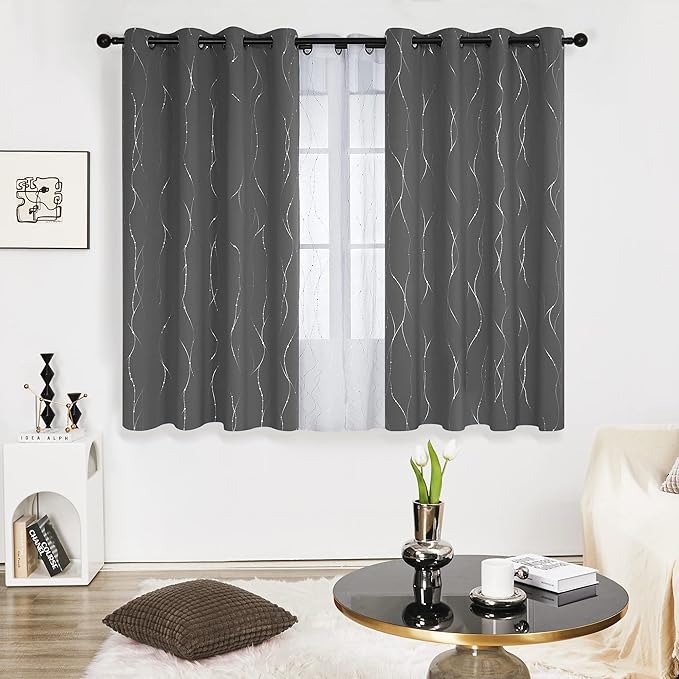 Deconovo Kitchen Curtains, Short Blackout Drapes 52 x 54 Inch, Thermal Insulated Soundproof Grommet Drape, Silver Wave Dots Foil Print Curtain for Small Windows, Living Room, Light Grey, Set of 2