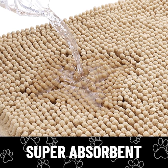 Smiry Dog Door Mat for Muddy Paws, Absorbent Dirt Trapper Non Slip Quick Dry Washable Chenille Mat for Mud Dogs, Entry Rug for Indoor and Outdoor (45x27 Inches, Beige and White)