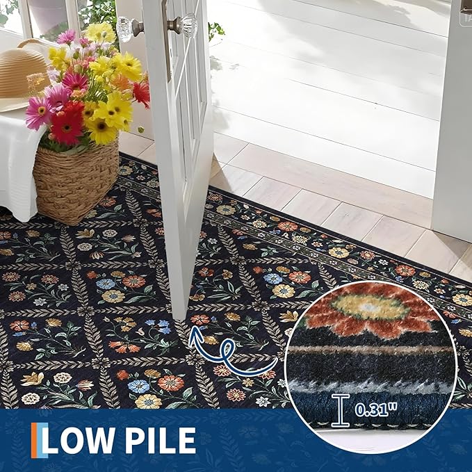 GarveeHome 8x10 Washable Large Living Room Rug Water Resistant Distressed Vintage Floral Rug Non Slip Low Pile Soft for Bedroom Farmhouse Dining Room Kids Playroom Nursery Navy&Black