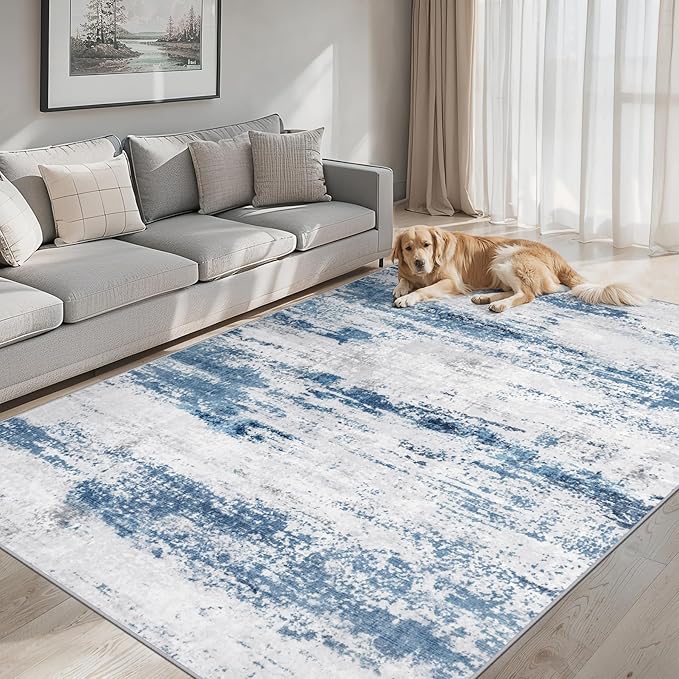 Area Rugs 10x12 Living Room - Washable Rug Modern Abstract Soft Large Neutral Non-Slip Carpet Indoor Floor Thin Carpets for Bedroom Dining Room Farmhouse Nursery Home Office White Blue Grey