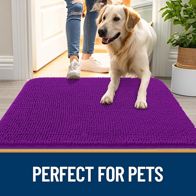 OLANLY Dog Door Mat for Muddy Paws 59x35, Absorbs Moisture and Dirt, Absorbent Non-Slip Washable Doormat, Quick Dry Chenille Mud Mat for Dogs, Entry Indoor Entryway Carpet for Inside Floor, Purple