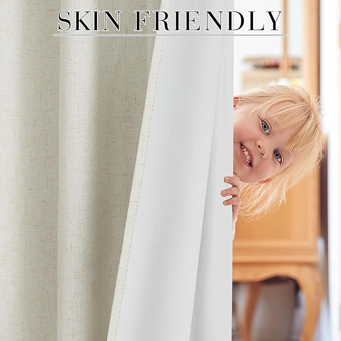 RYB HOME Cream Beige Linen 100% Blackout Curtains for Bedroom W52 x L78, Linen Blackout Curtains Privacy Assurd& Thermal Insulated for Sliding Door/Living Room/Nursery, 2 Panels