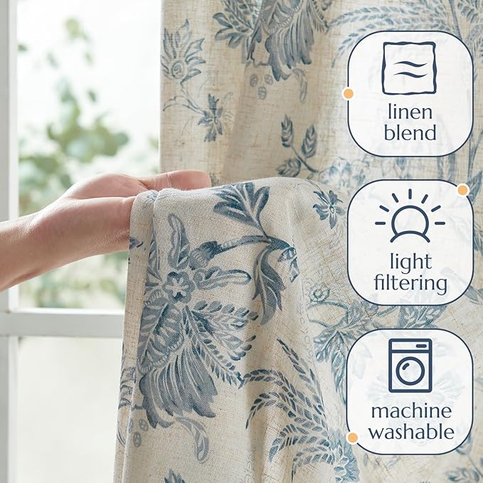 jinchan Linen Floral Curtains for Living Room with Printed Flower 90 Inches Long Light Filtering French Country Back Tab Rod Pocket Blue Window Curtain Set Farmhouse Drapes 2 Panels Blue