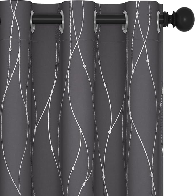 Deconovo Grey Blackout Curtains for Bedroom, Thermal Insulated Soundproof Drapes, Wave Dots Foil Print, 42 x 84 Inches Long, 2 Panels, Machine‑Washable Privacy Window Panel for Living Room Patio Door