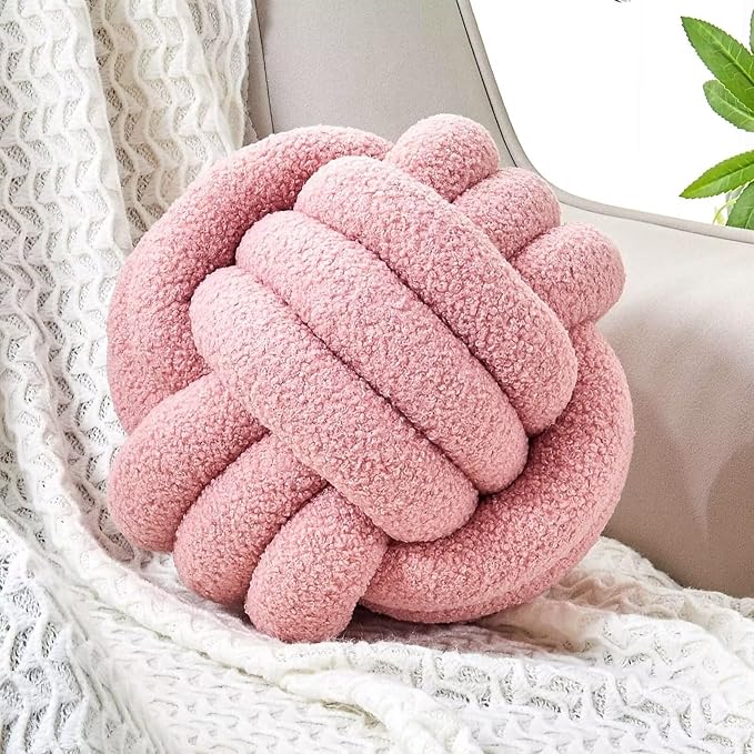 Uvvyui Knot Pillow Ball, Soft Home Decorative Pillows, Round Throw Pillow, Handmade Knotted Plush Pillow, Round Boucle Pillow Cushion (14 Inches Blush Pink)