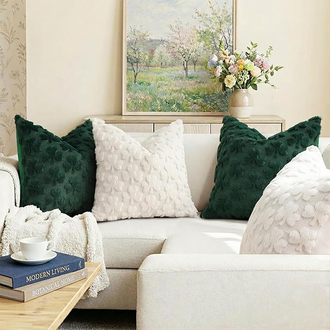decorUhome St. Patrick’s Day Shamrock Pillow Covers 20x20 Inch Set of 2, Soft Plush Faux Wool Cream White Throw Pillow Covers, Farmhouse Spring Holiday Decor for Sofa Living Room
