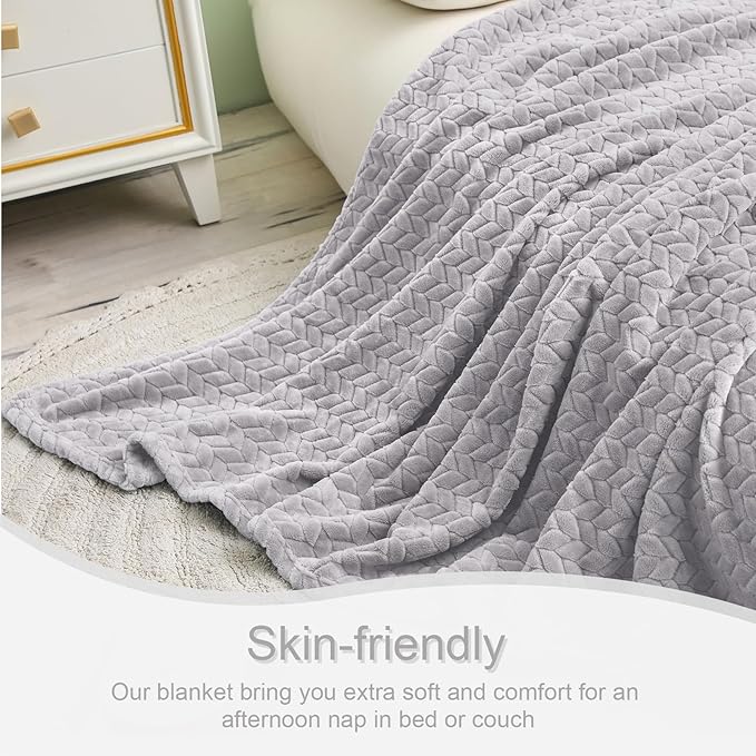 Exclusivo Mezcla Fleece Twin Size Blanket for Bed, 60x80 Inches Soft Cozy Jacquard Flannel Blankets, Lightweight Fuzzy Plush Warm for Women, Light Grey