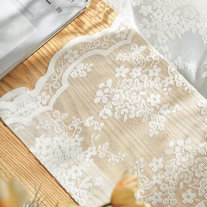 YJ YANJUN Vintage Lace Curtains 108 inches Long 2 Panels Set French Country Shabby Chic Floral Sheer Curtains for Living Room Window Light Filtering Rod Pocket 52W x 108L Ivory
