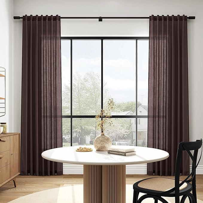 Coffee Brown Extra Long Linen Curtains 120 Inch for Living Room Set Rod Pocket Back Tab Light Filtering Semi Sheer Drapes Privacy High Ceiling Drapes Farmhouse for Dinner Room 52x120,2 Panels