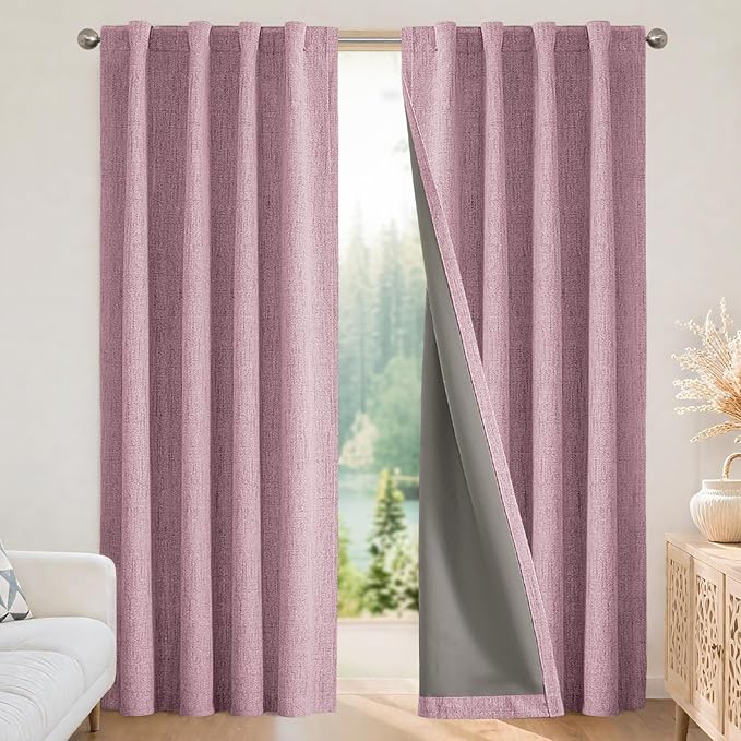 Joydeco Blackout Curtains for Bedroom - 100% Light Blocking 2 Panels Set Pink Drapes 66" W x 84" L, Thermal Insulated Room Darkening Curtains, Linen Textured for Living Room, Rod Pocket & Back Tabs