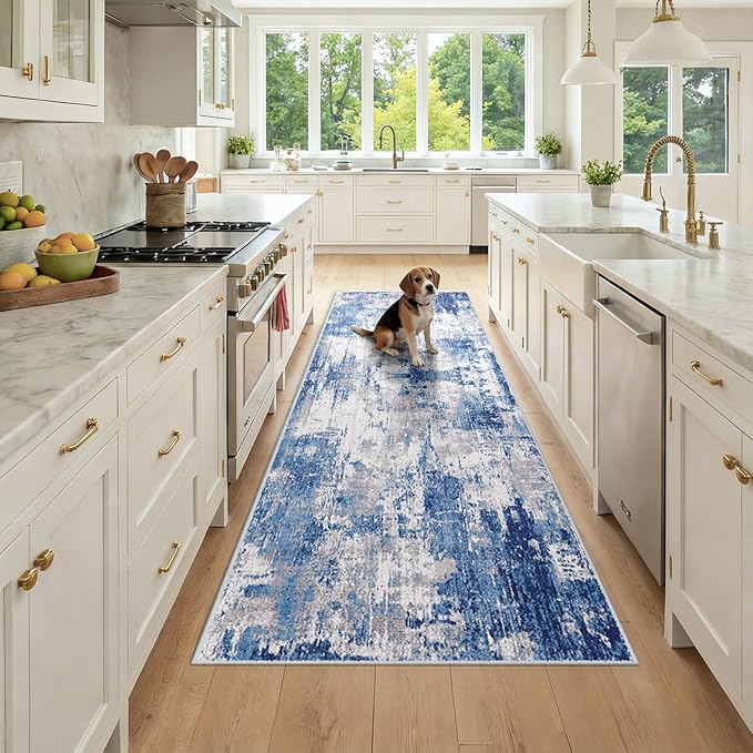 Washable Area Rugs 3x8 Non-Slip Modern Abstract Soft for Living Room Entryway Bedroom Nursery, Print Pattern, Blue Grey Navy Gray