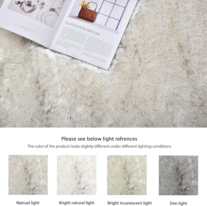 ORINOVA Grey and White Plush Machine Washable Area Rugs for Bedroom Small Circle Furry Faux Sheepskin Fur Rug for Living Room Nursery Round Rug 3ft