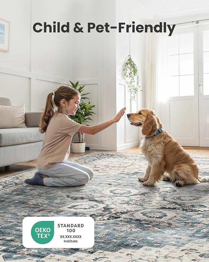 AMADA HOMEFURNISHING Round 8ft Area Rugs, Low-Profile Washable Rug with Non-Slip Backing & Durable Edge Binding, Vintage Rugs for Living Room, Bedroom, Dinning Room