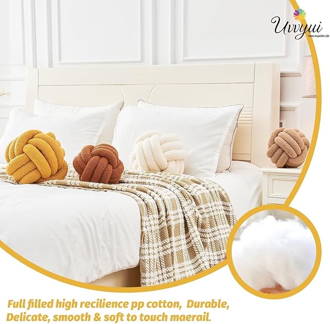 Uvvyui Knot Pillow Ball, Soft Home Decorative Pillows, Round Throw Pillow, Handmade Knotted Plush Pillow, Round Boucle Pillow Cushion (8.6 Inches Dark Yellow)