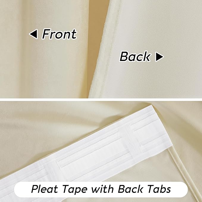 RYB HOME Beige Velvet Curtains 102 inches with Hook Belt, Soft Fabric Room Darkening Thermal Insulated Luxurious Home Decor Curtains for Living Room Bedroom, W 52" x L 102", 2 Panels Set