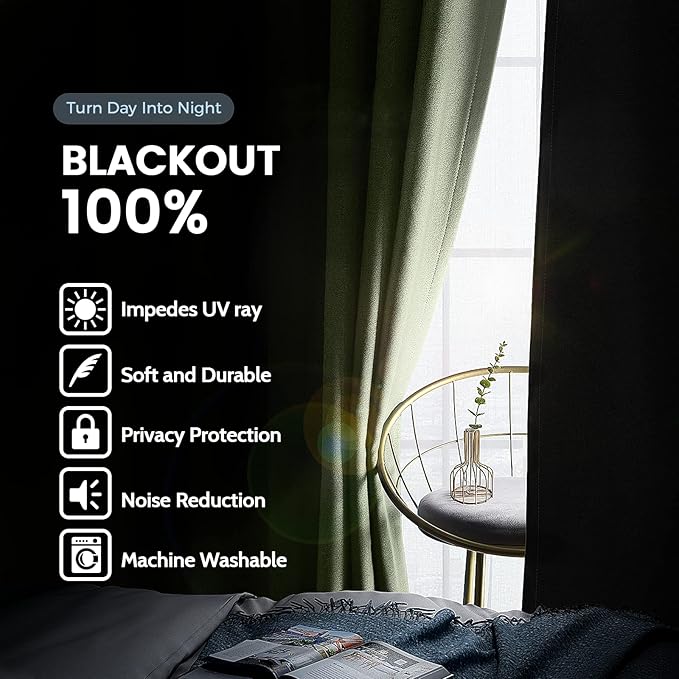 SimpleHome 100% Blackout Curtains for Bedroom,Thermal Insulated Grommet Window Drapes Room Darkening Sage Curtains for Living Room with Black Back,52 x 96 Inch,2 Panels