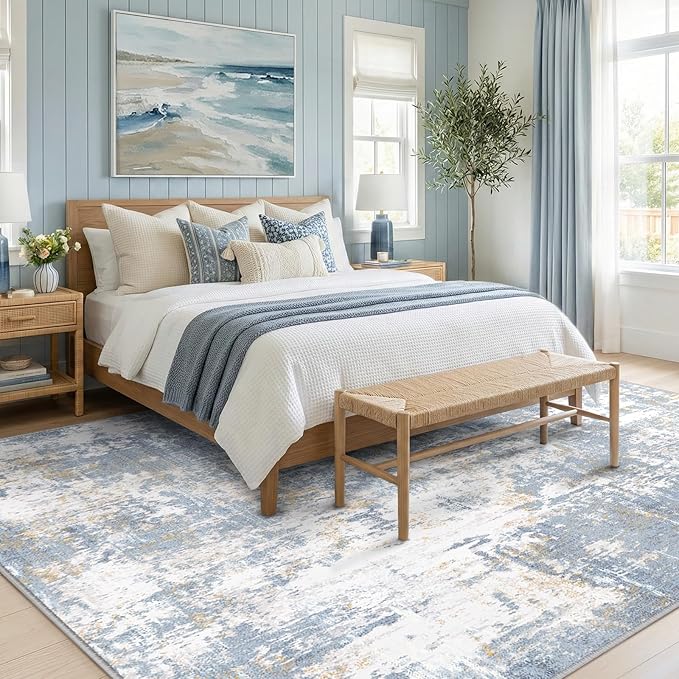 Washable Area Rugs 9'x12' Non-Slip Modern Abstract Soft for Living Room Entryway Bedroom Nursery, Print Pattern, Light Blue