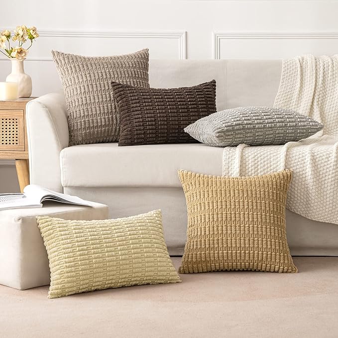 MIULEE Pack of 2 Corduroy Decorative Throw Pillow Covers 18x18 Inch Soft Boho Striped Pillow Covers Modern Farmhouse Home Decor for Sofa Living Room Couch Bed Beige