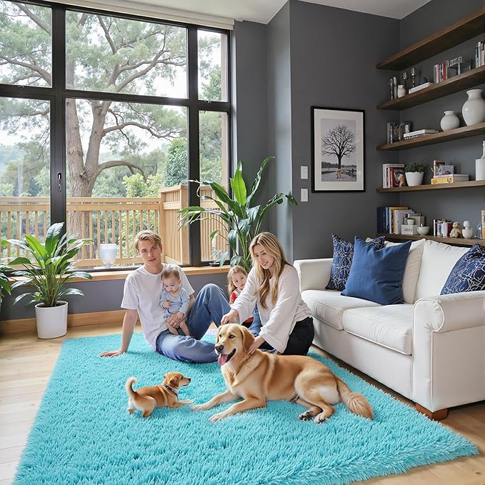 Rugs for Living Room 5x8, Alfombras para Salas Shag Large Plush Soft Area Rug, Shaggy Carpets for Bedroom, Kids Boys Girls Home Decor Aesthetic(Teal Blue, 5 x 8)