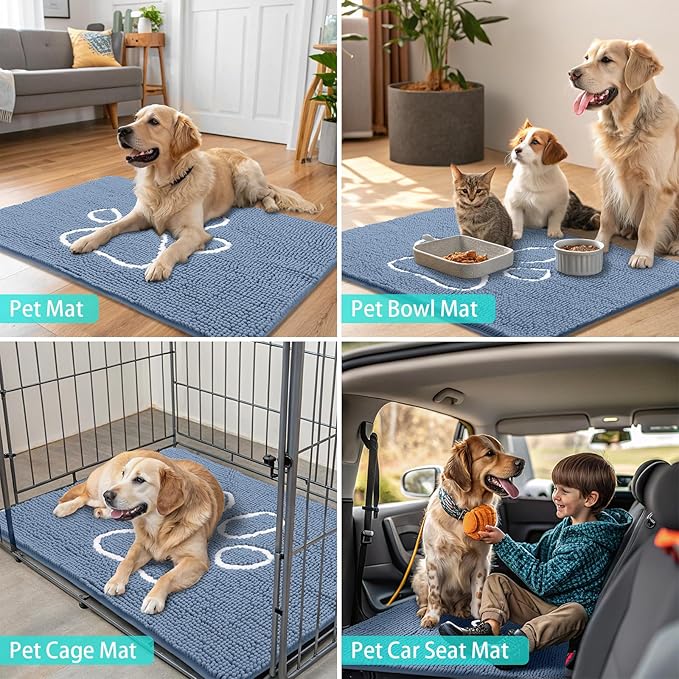 Smiry Dog Door Mat for Muddy Paws, Absorbent Dirt Trapper Non Slip Quick Dry Washable Chenille Mat for Mud Dogs, Entry Rug for Indoor and Outdoor (59x24 Inches, Airy Blue and White)