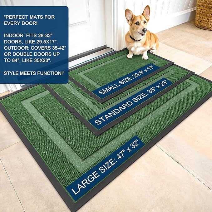 OLANLY Front Door Mat Indoor Outdoor Entrance, Waterproof All-Season, All-Weather Doormat, Sturdy Natural Rubber, Fade Resistant, Low Profile, Easy Clean Patio Porch Entryway Mat, 71x34, Green
