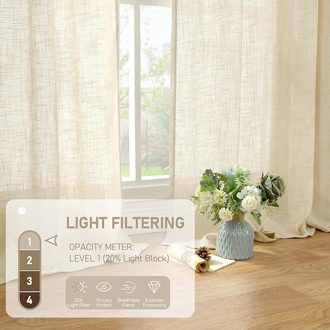 LAMIT Living Room Linen Curtains 90 Inch for Bedroom, Back Tab and Rod Pocket Linen Textured Sheer Curtains Light Filtering Boho Drapes for Farmhouse, 2 Panels, 52 x 90 Inch, Beige