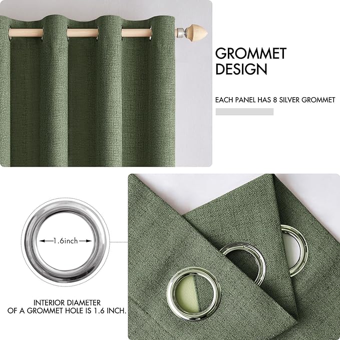 MIULEE 100% Blackout Linen Textured Curtains for Bedroom Solid Thermal Insulated Olive Green Grommet Room Darkening Curtains & Drapes Luxury Decor for Living Room Nursery 42 x 84 Inch (2 Panels)