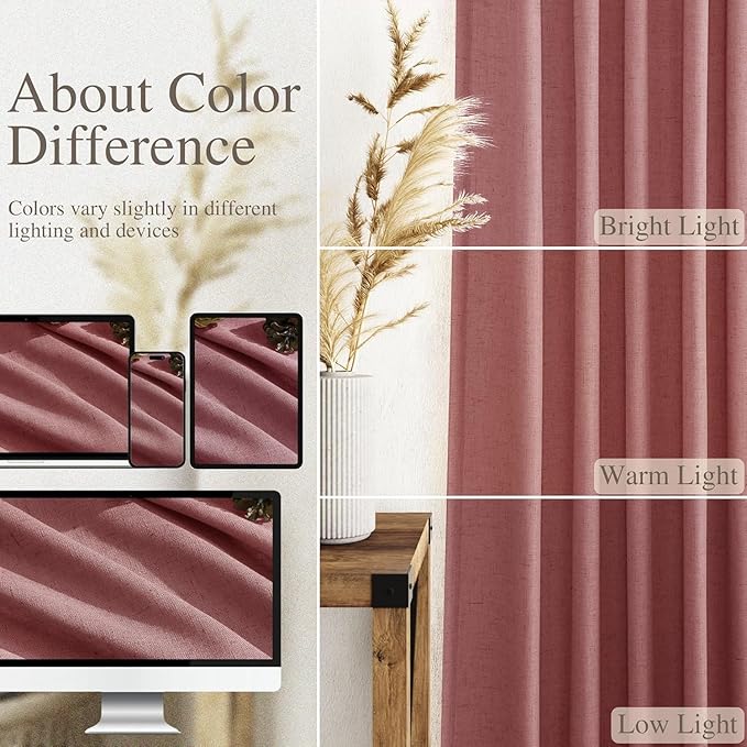 Canyon Rose Linen Curtains 132 Inch Length for Living Room Light Filtering Semi Sheer Curtain Back Tab Modern Farmhouse Decor Boho Girl Drapes Floor to Ceiling High Window for Bedroom 52x132, 2 Panels
