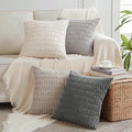 Fancy Homi Set of 4 Grey and White Decorative Throw Pillow Covers 16x16 Inch for Couch Bed Chair, Modern Farmhouse Boho Room Decor, Soft Fuzzy Double Sided Corduroy Textured Striped Cushion Case 40cm