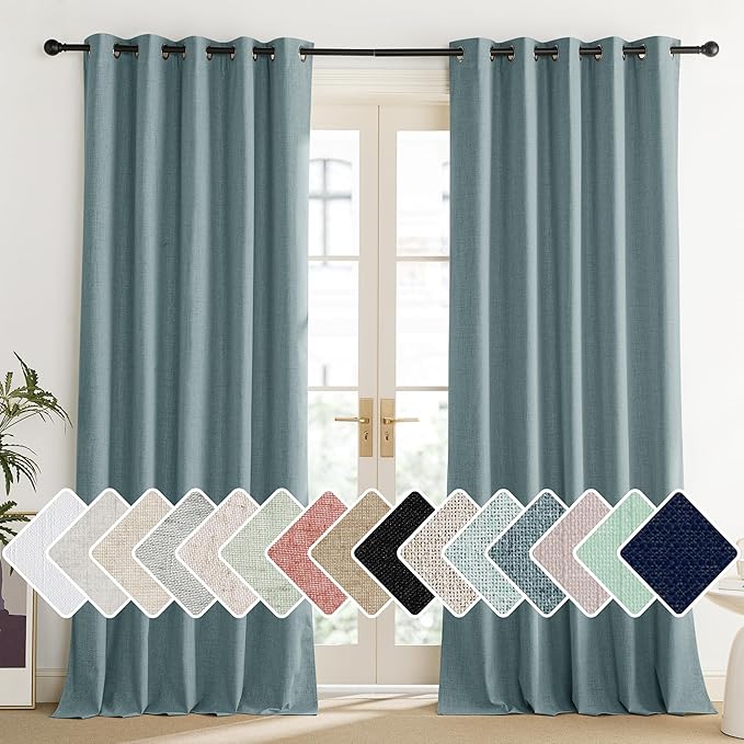 NICETOWN 100% Absolutely Blackout Linen Curtains with Thermal Insulated Liner, Skylark Blue, 62" Wide, 95" Length Energy Saving Curtains for Living Room 2 Panels Set, Vertical Blinds