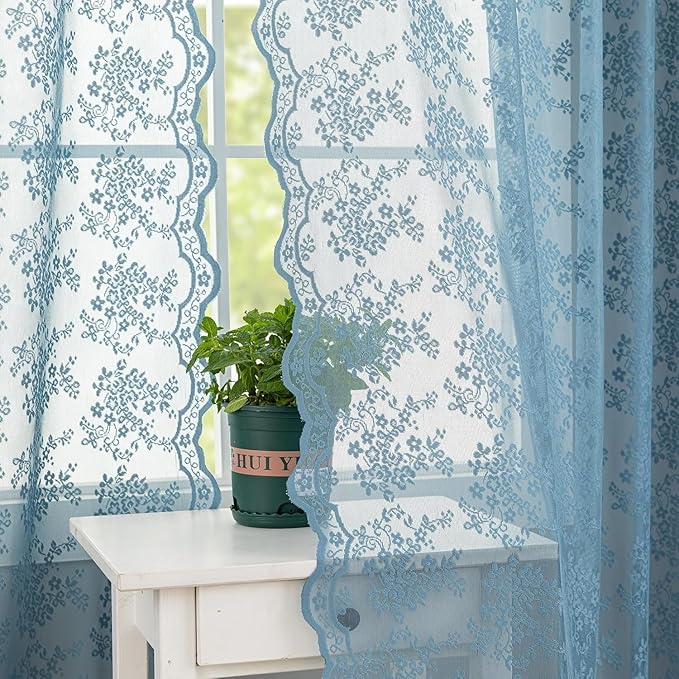 YJ YANJUN Vintage Lace Curtains 54 Inch Length for Bathroom - Slate Blue Floral Kitchen Short Sheer Window Panels with Scalloped Edge Boho Coatal Small Window Treatments Rod Pocket W52 X L54 Denim
