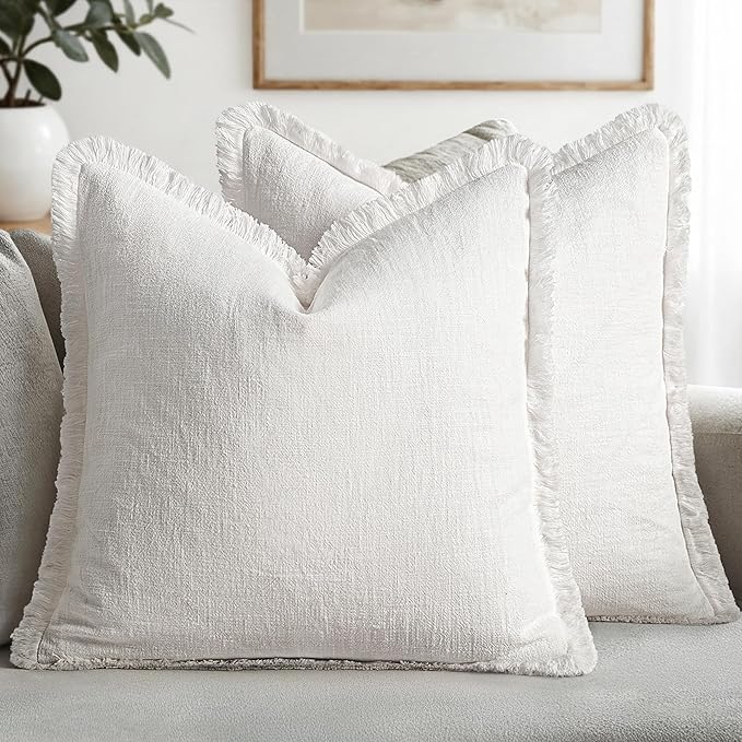 MIULEE Decorative Throw Pillow Covers Neutral Linen Fringe Throw Pillows Euro Shams Set of 2 White Boho Farmhouse Cushion Covers for Couch Sofa Bed Living Room Spring Home Decor 24x24 Inch