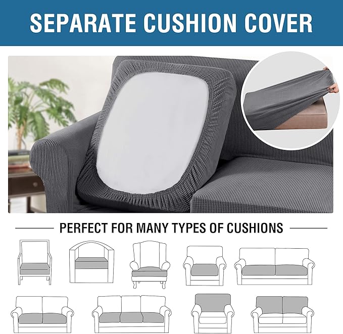 H.VERSAILTEX 3 Piece Stretch Sofa Covers for 2 Cushion Sofa Couch Covers for Living Room Furniture Cover (Base Cover Plus 2 Seat Cushion Covers) Thicker Jacquard Fabric(Large Sofa, Grey)