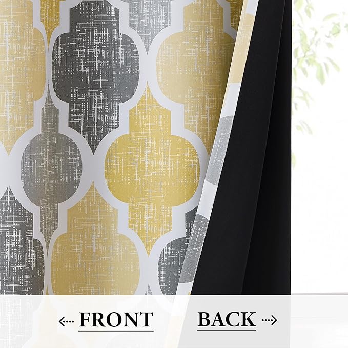 Beauoop 100% Blackout Curtains 84 Inches Long 2 Panels for Bedroom Living Room Yellow Grey Moroccan Geo Room Darkening Thermal Insulated Soundproof Grommet Top Window Treatments Drapes, 50x84 Set of 2