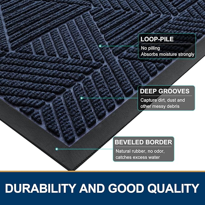 Smiry Front Door Mat Outside Entrance, Heavy Duty Sturdy Natural Rubber Doormat, Trap Dirt and Moisture, Easy Clean Low Profile Mats for Indoor Outdoor Entry, Irregular Triangle (47x32, Navy Blue)