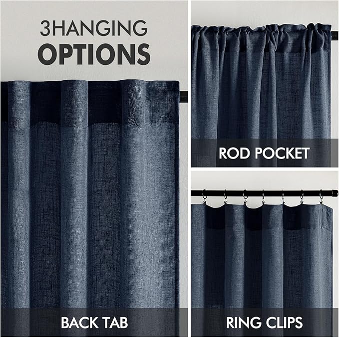 MIULEE Navy Blue Linen Curtains 72 Inch Length 2 Panels for Bedroom Living Room, Soft Thick Linen Textured Natural Window Drapes Semi Sheer Light Filtering Back Tab Rod Pocket Burlap Look Decor