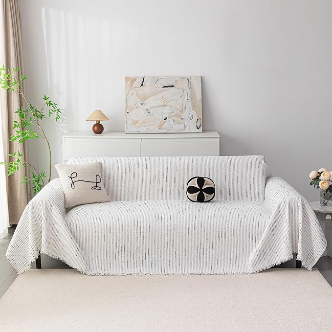 MYSKY HOME Boho Couch Cover White Sofa Covers with Tassel Farmhouse Sofa Slipcover Simple Couch Protector for Dogs Chenille Sectional Couch Covers L Shaped Couch Cushion Covers, 91"x 134"