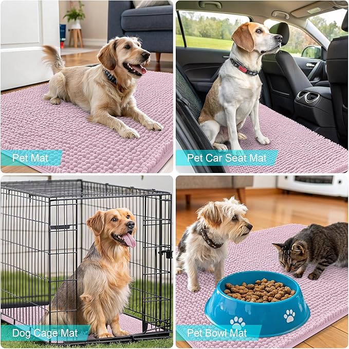 OLANLY Dog Door Mat for Muddy Paws 44x24, Absorbs Moisture and Dirt, Absorbent Non-Slip Washable Doormat, Quick Dry Chenille Mud Mat for Dogs, Entry Indoor Entryway Carpet for Inside Floor, Dusty Rose