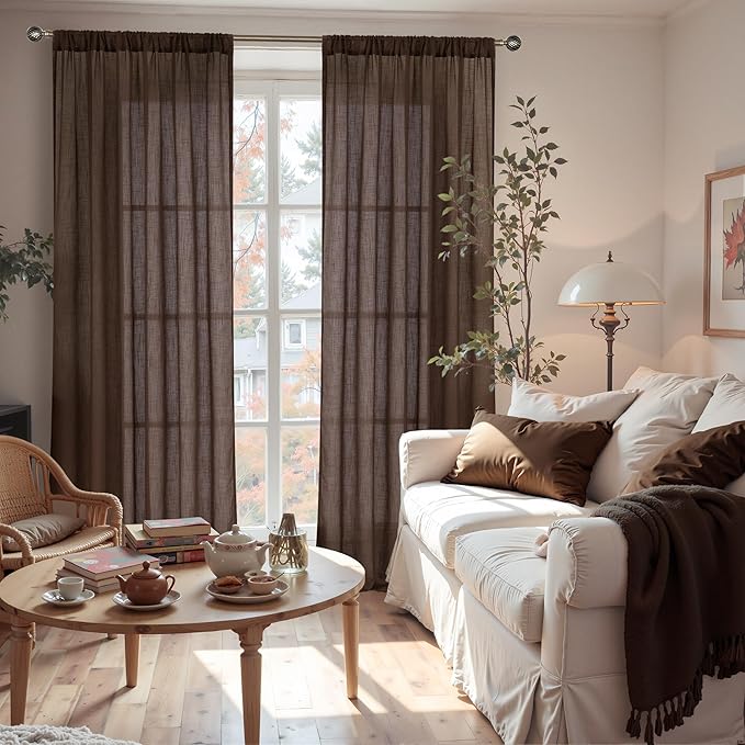 BGment Linen Curtains 84 Inch Length for Living Room, Brown Lightweight Rustic Country Window Drapes for Farmhouse Bedroom Dining Room Decor Rod Pocket Textured, 2 Panels Set, Each 60 Inch Wide