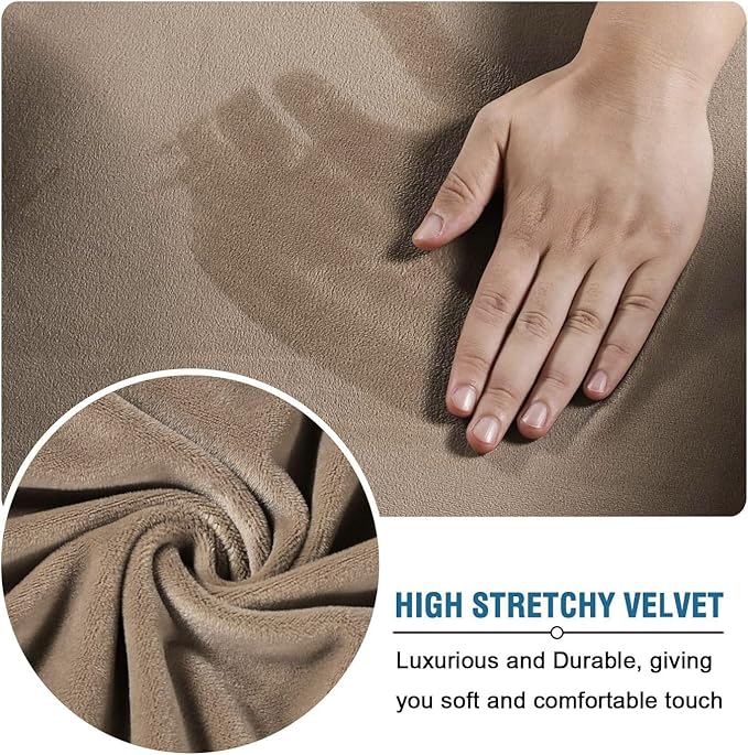 H.VERSAILTEX Modern Velvet Plush 4 Piece High Stretch Sofa Slipcover Strap Sofa Cover Furniture Protector Form Fit Luxury Thick Velvet Sofa Cover for 3 Cushion Couch Width Up to 90 Inch (Sofa, Camel)