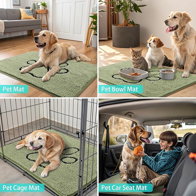 Smiry Dog Door Mat for Muddy Paws, Absorbent Dirt Trapper Non Slip Quick Dry Washable Chenille Mat for Mud Dogs, Entry Rug for Indoor and Outdoor (30x20 Inches, Sage Green and Black)