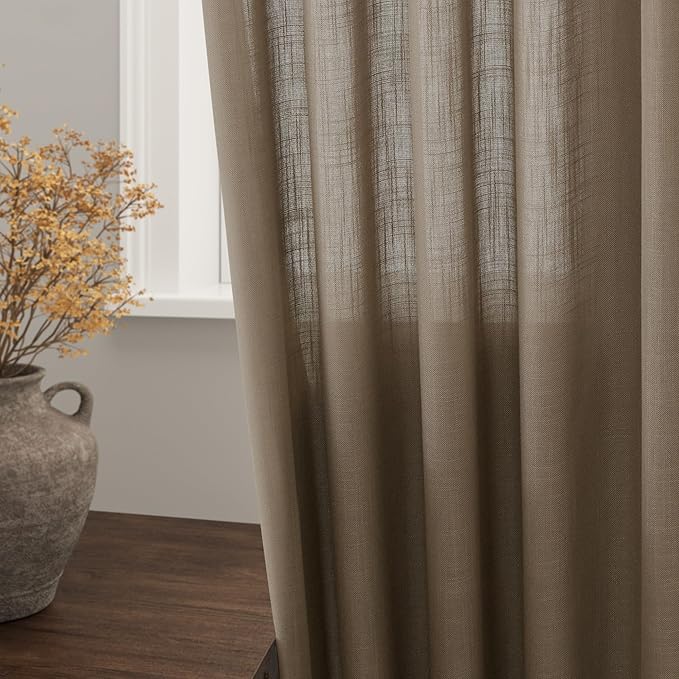 Dark Taupe Linen 102 Inch Long Curtains for Living Room 2 Panels Back Tab Pocket Semi Sheer Light Filtering Curtains Bohemian Rustic Solid Color Drapes for Sliding Glass Door Bedroom 40x102 Inches
