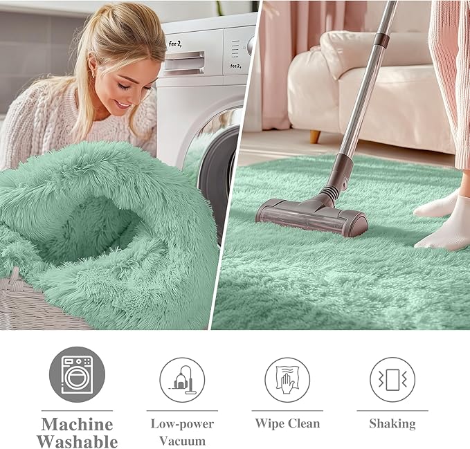 OLANLY Mint Green Round Rugs for Bedroom - Machine Washable, 9 ft Circle Area Rugs for Living Room, Soft and Fluffy Shaggy Carpet for Teen Girls and Boys, Nursery Rooms, Dorms, Home Decor Aesthetic