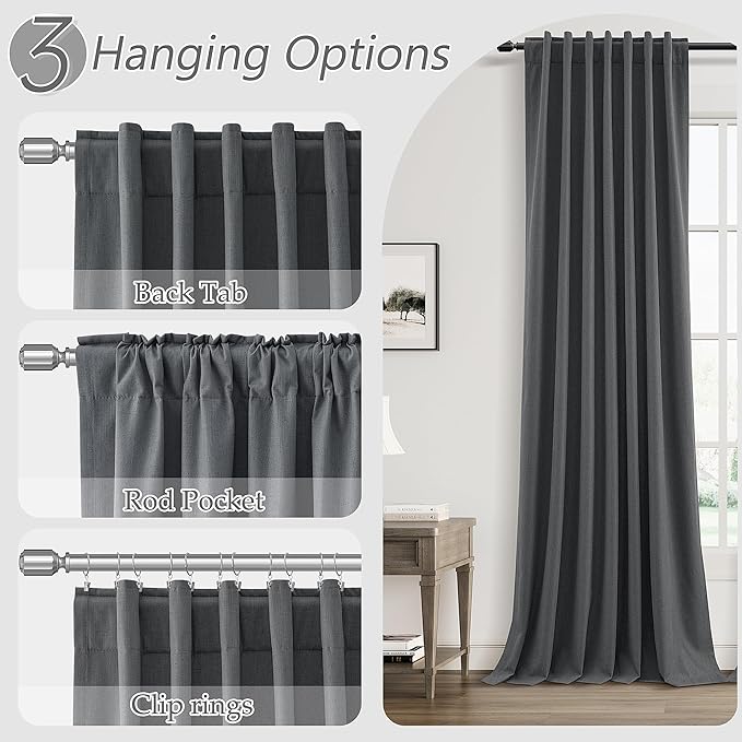 Guken Blazer Grey 100% Blackout Linen Curtains 120 Inch Length 2 Panels Set for Living Room Bedroom Back Tab/Rod Pocket Thermal Insulated Farmhouse Black Out Drapes Room Darkening,52x120