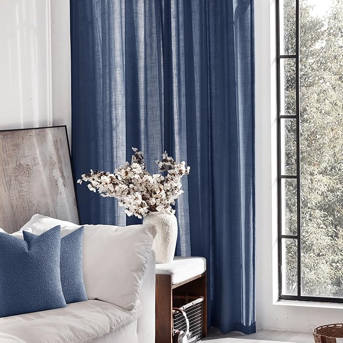 Navy Blue Curtains 94 inch Length for Bedroom Back Tab Light Filtering Semi Sheer Blue Living Room Curtains Linen Cotton Textured Indigo Blue Drapery Panel Modern Farmhouse Aesthetic Decor Dark Blue