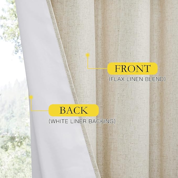NICETOWN Natural Full Blackout Boho-Chic Linen Curtains 84 inch Long 2 Panels Set for Cafe Window, 42 inch Wide, Thick Linen Blend Drapes, Insulated Window Covers Draperies with White Backing