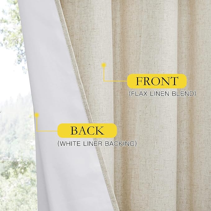 NICETOWN Natural Bedroom Full Blackout Linen Curtain Panels Set of 2, 52" by 72", Cold Reducing Thick Insulated Classic Grommet Blackout Draperies with White Thermal Insulated Liner for Windows