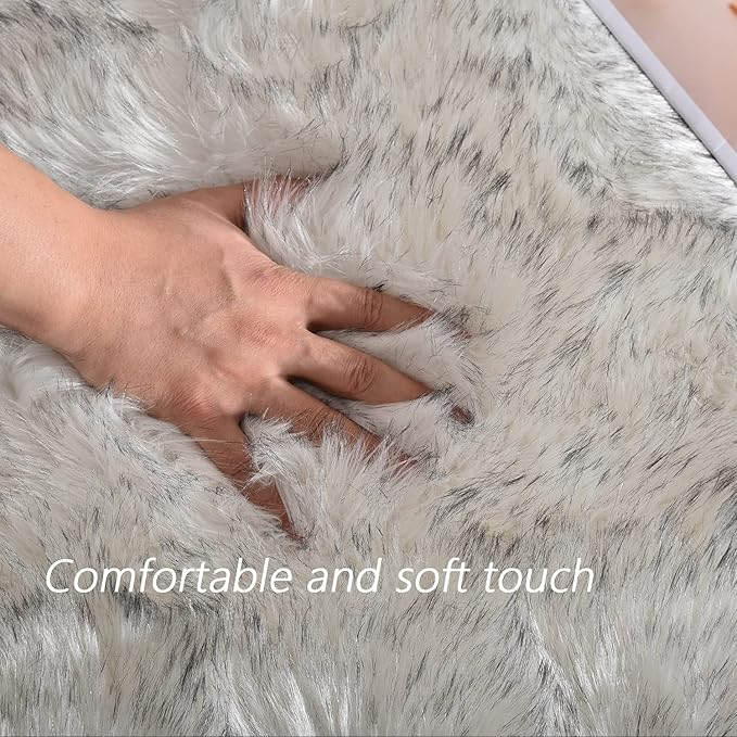 Latepis Large Circle Area Rugs for Living Room Round Rug 8ft Fluffy Bedroom White with Grey Tips Shaggy Rug Washable Shag Faux Fur Fuzzy Rug for Living Room