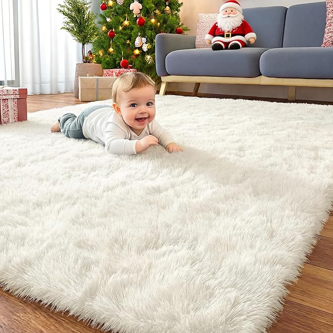 OLANLY 7x7 Machine Washable Large Area Rugs for Living Room, Bedroom, Soft Fluffy Shaggy Bedside Rug, Indoor Floor Carpet for Kids Girls and Boys, Dorms, Nursery, Home Decor Aesthetic, Ivory