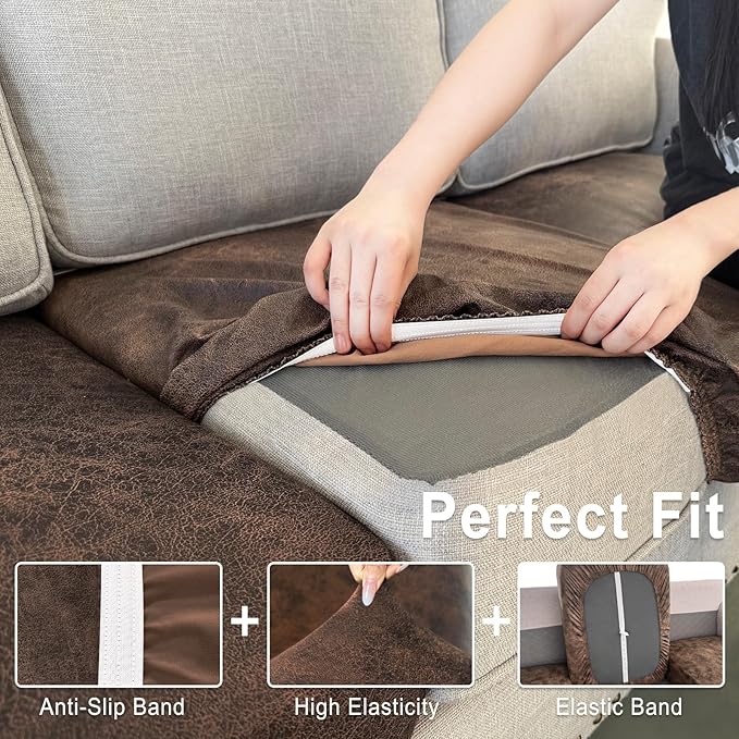 Leather Look Couch Cushion Covers Sofa Seat Slipcovers Sets Couches Furniture Protector for Sectional Armchair Loveseat Pets Kids Stretch Spandex Fabric (1 Cushion Sofa, Dark Brown)
